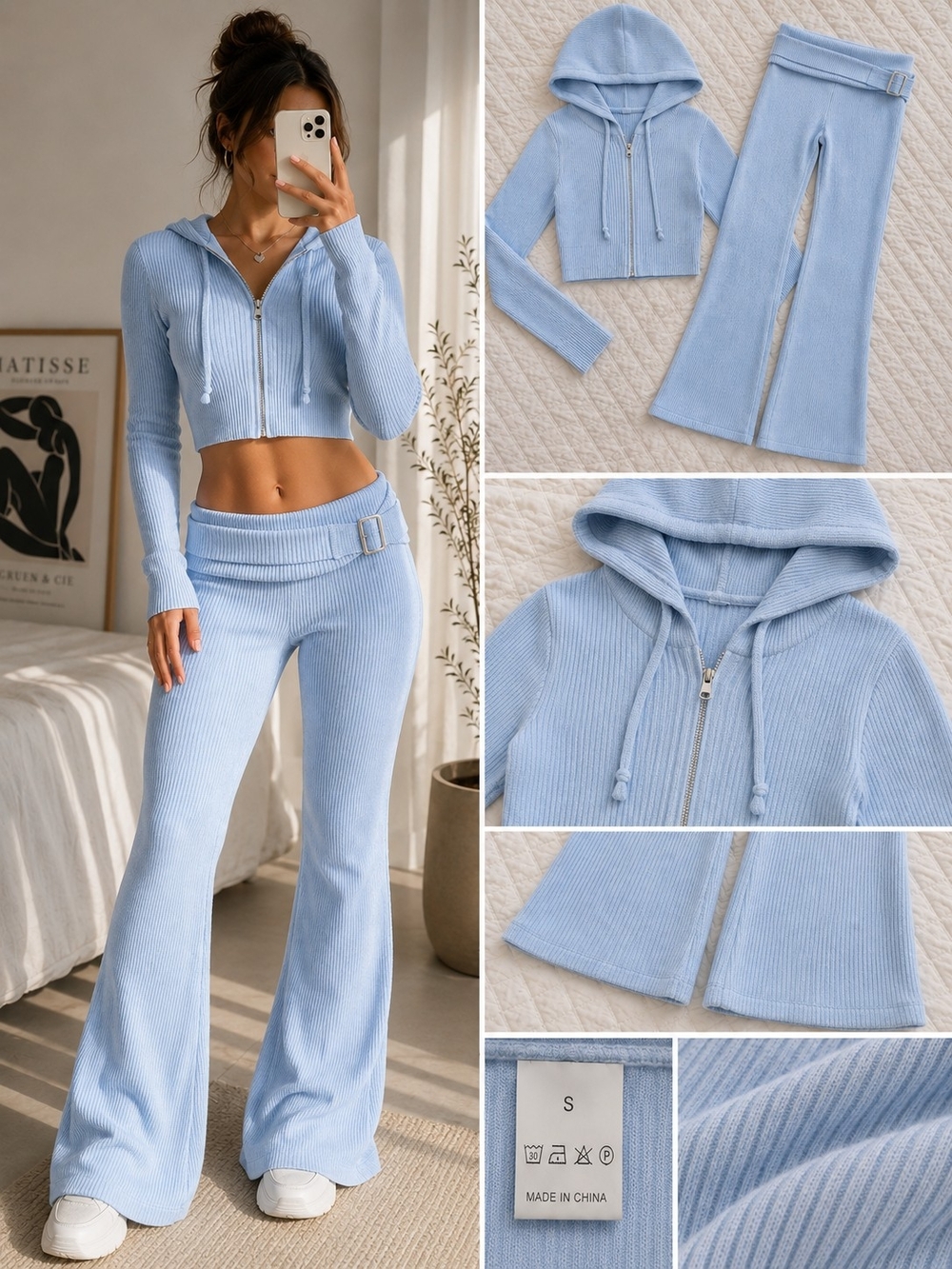 Baby Blue Ribbed Knit Zip Cropped Hoodie Flare Pants Set S